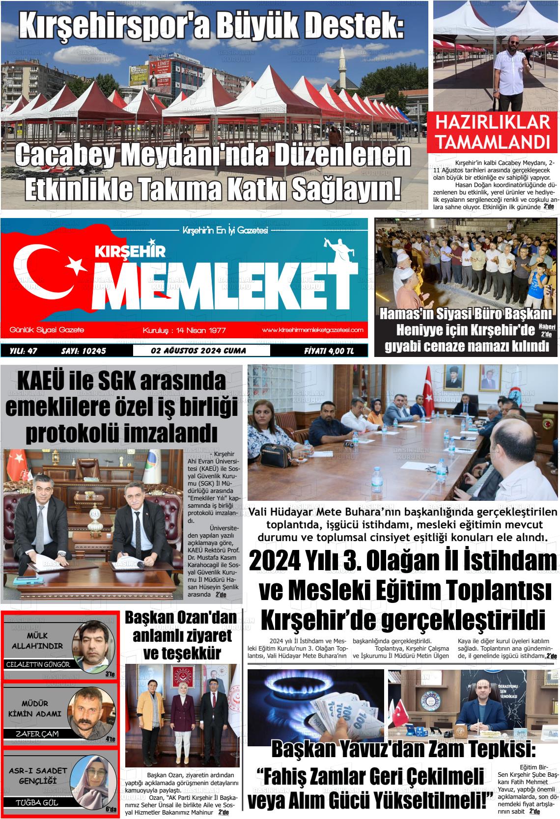 02 Ağustos 2024 Kırşehir Memleket Gazete Manşeti