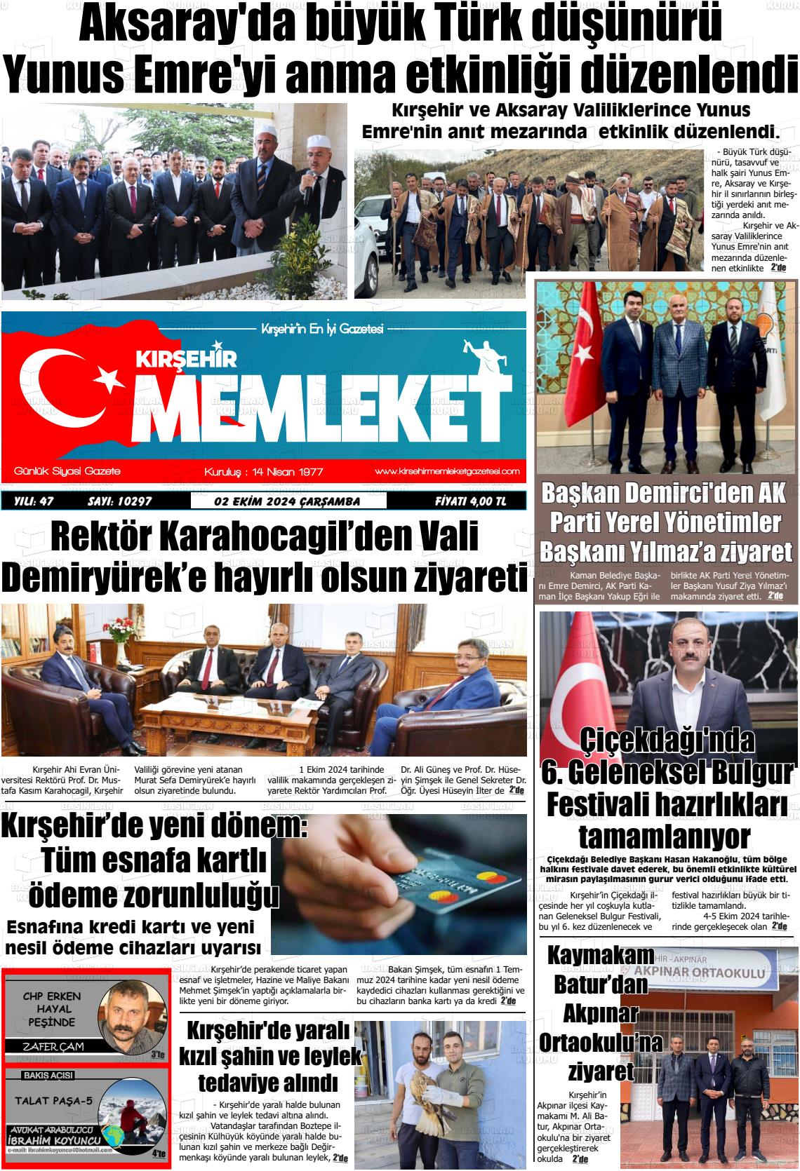 02 Ekim 2024 Kırşehir Memleket Gazete Manşeti