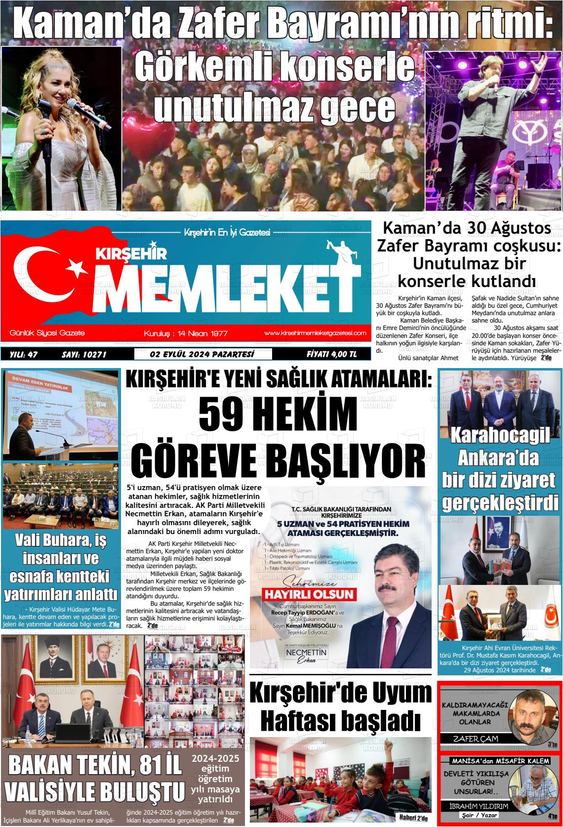 02 Eylül 2024 Kırşehir Memleket Gazete Manşeti