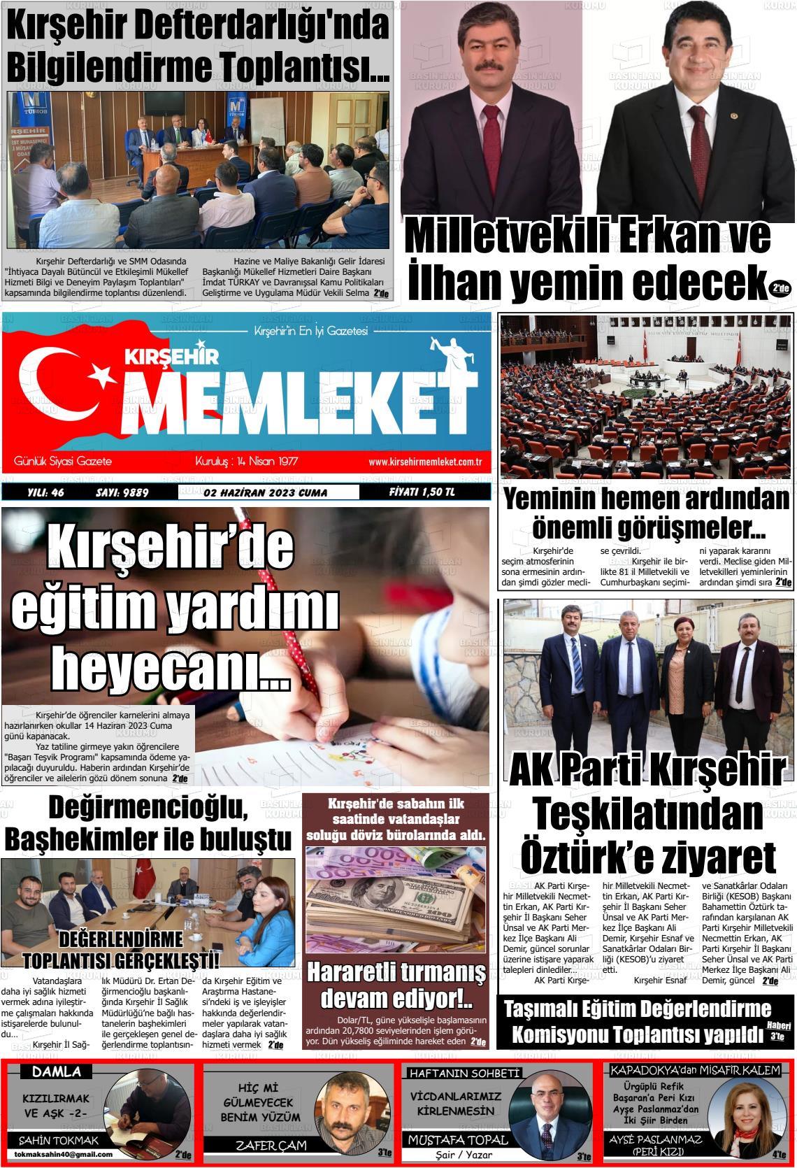 02 Haziran 2023 Kırşehir Memleket Gazete Manşeti