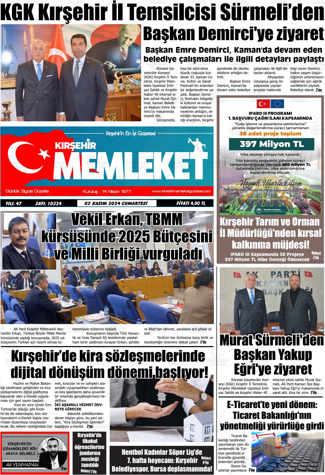 02 Kasım 2024 Kırşehir Memleket Gazete Manşeti