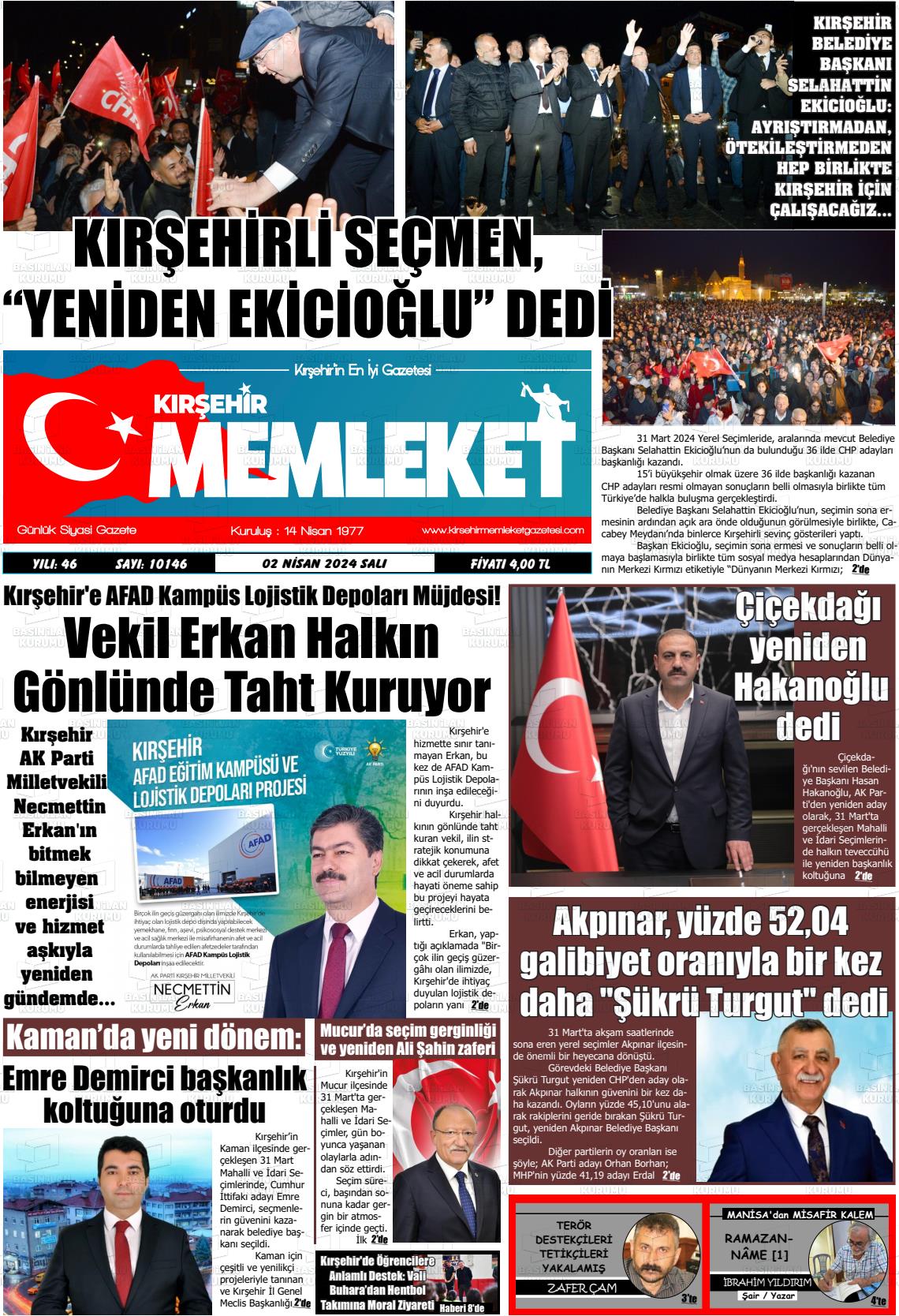 02 Nisan 2024 Kırşehir Memleket Gazete Manşeti