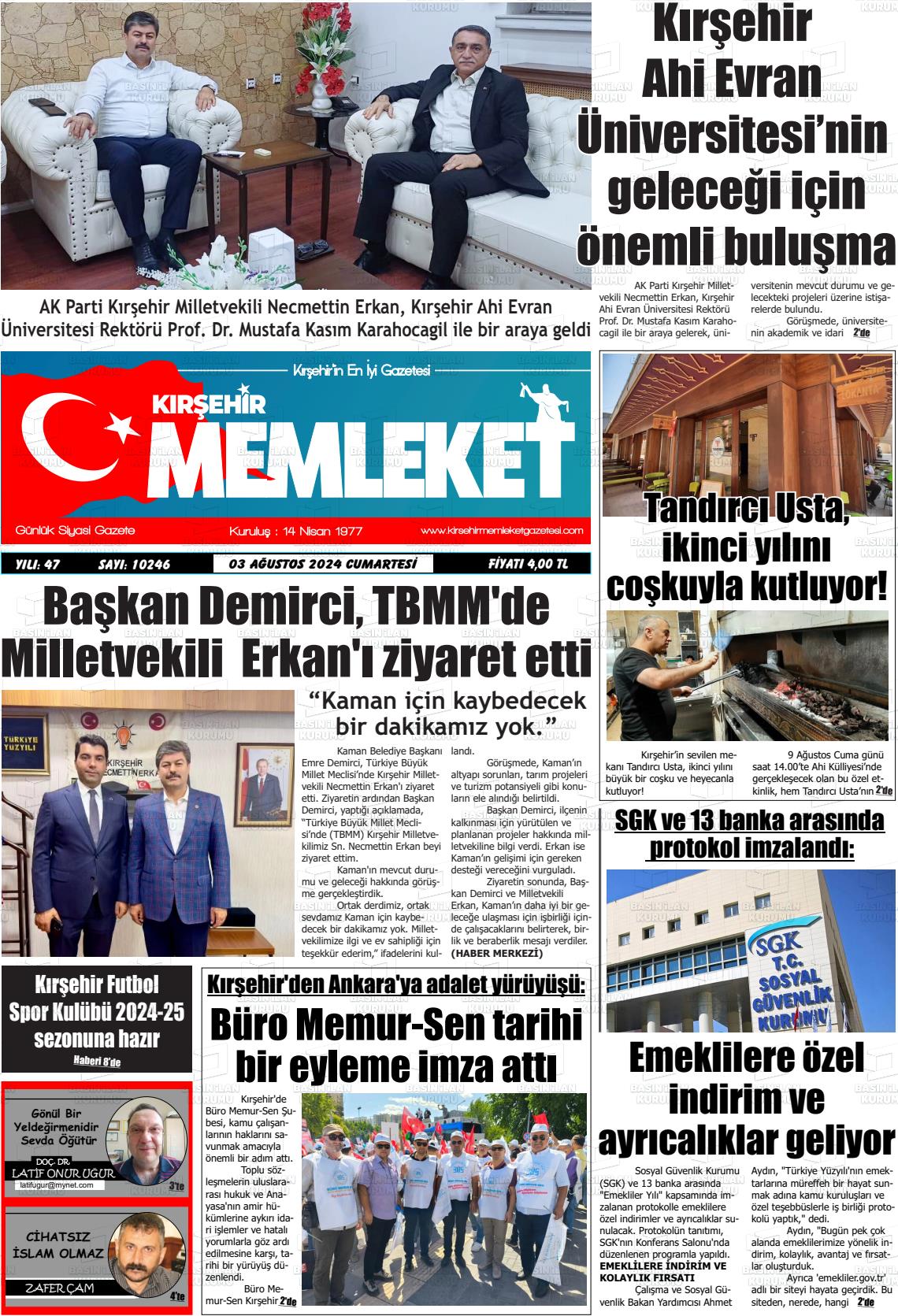 03 Ağustos 2024 Kırşehir Memleket Gazete Manşeti