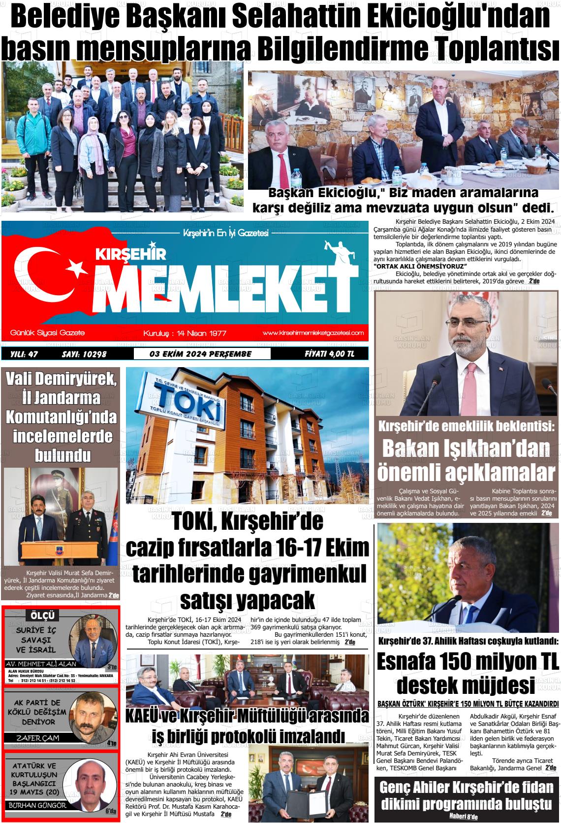 03 Ekim 2024 Kırşehir Memleket Gazete Manşeti