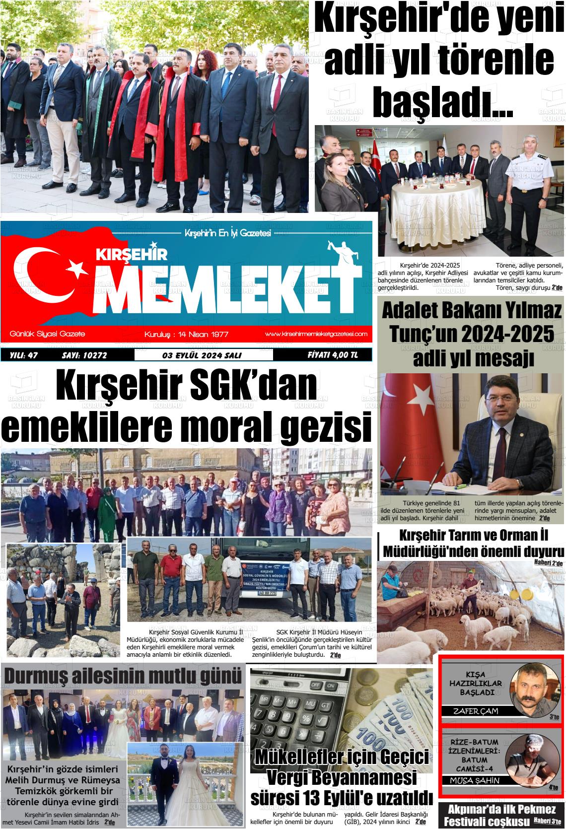 03 Eylül 2024 Kırşehir Memleket Gazete Manşeti