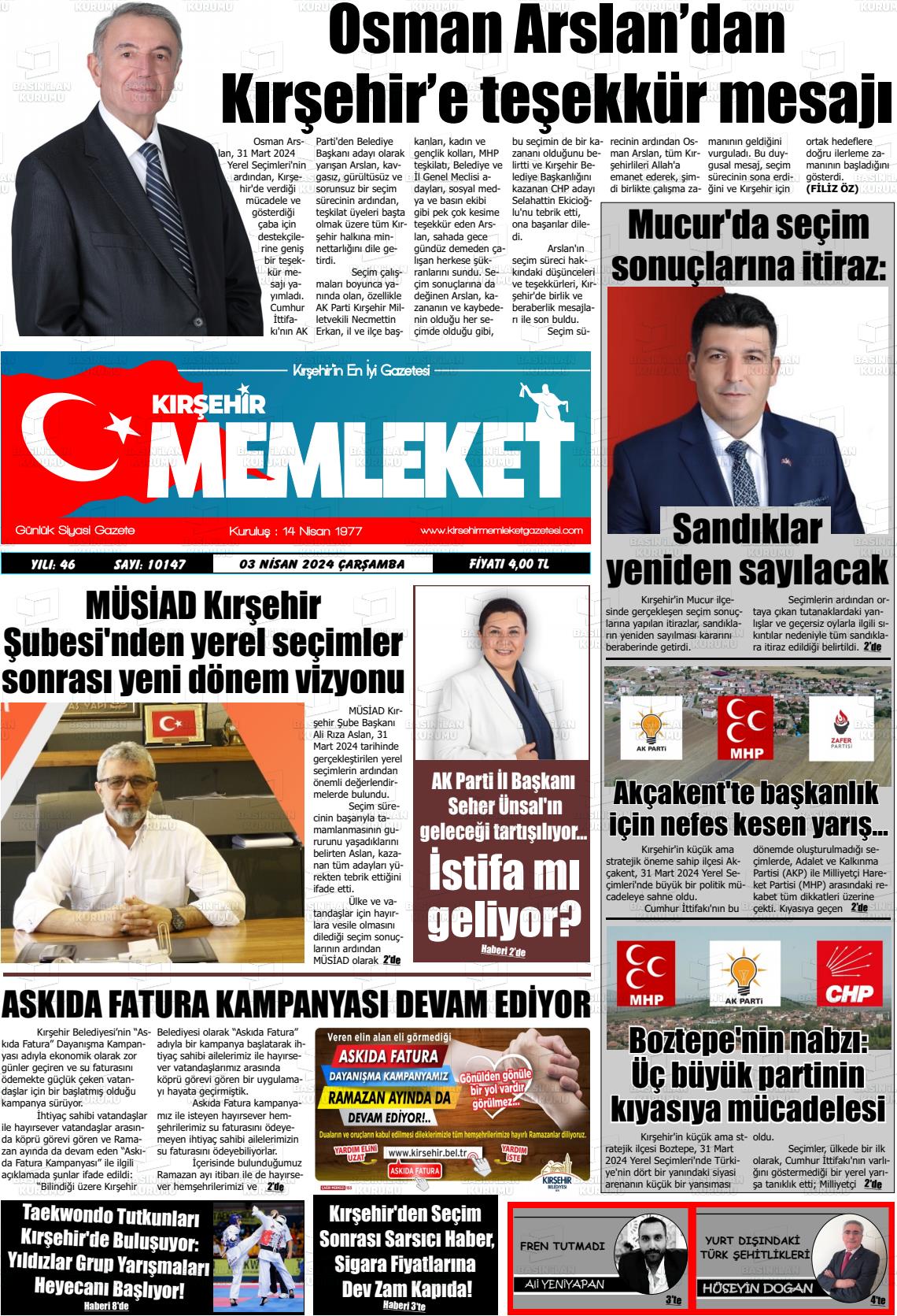 03 Nisan 2024 Kırşehir Memleket Gazete Manşeti