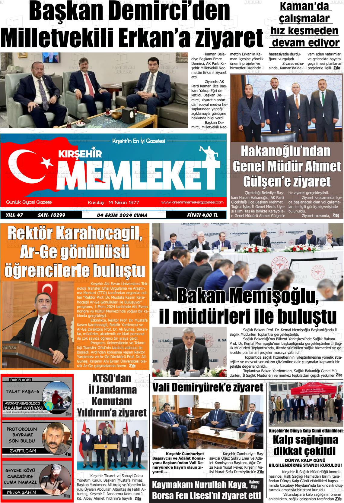 04 Ekim 2024 Kırşehir Memleket Gazete Manşeti