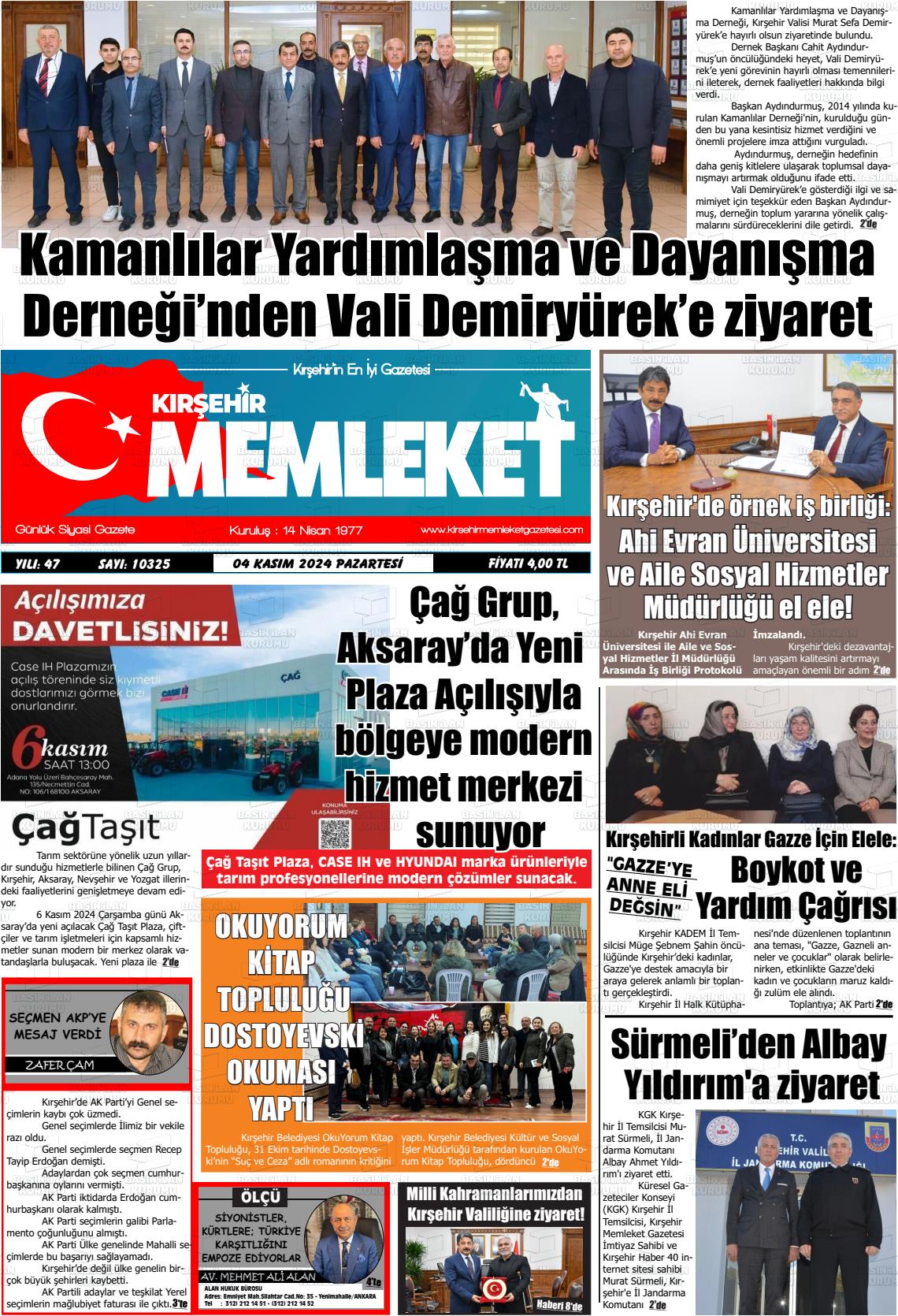 04 Kasım 2024 Kırşehir Memleket Gazete Manşeti