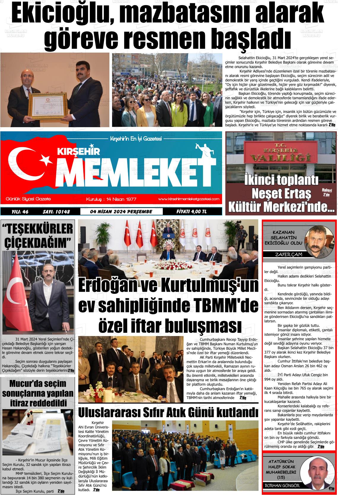 04 Nisan 2024 Kırşehir Memleket Gazete Manşeti