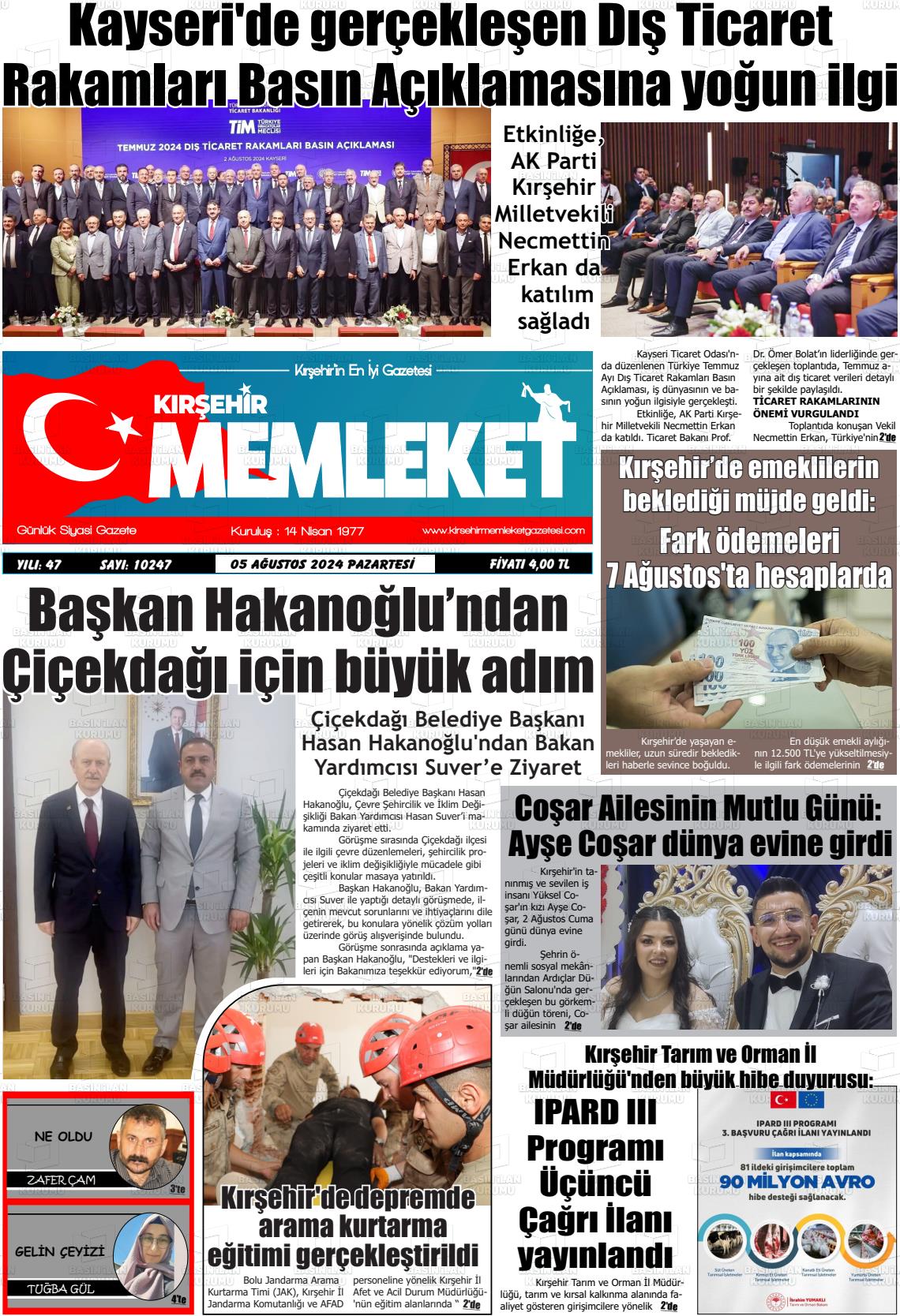 05 Ağustos 2024 Kırşehir Memleket Gazete Manşeti