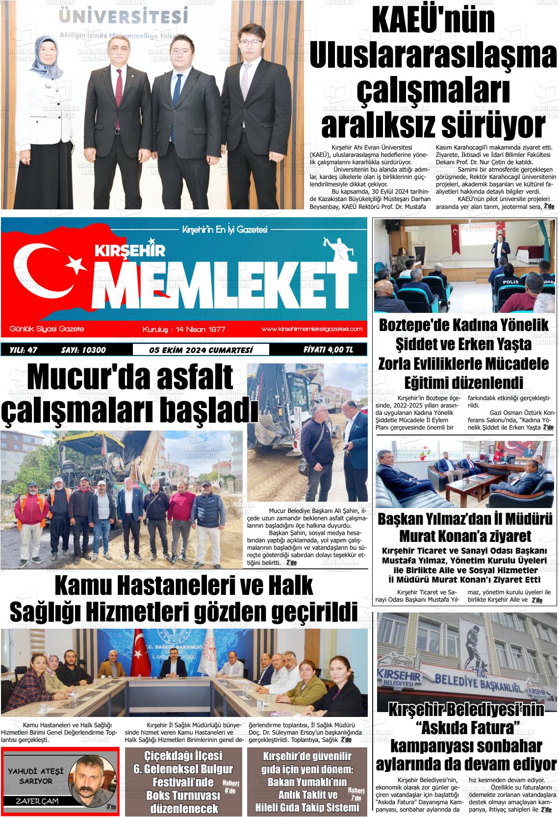 05 Ekim 2024 Kırşehir Memleket Gazete Manşeti