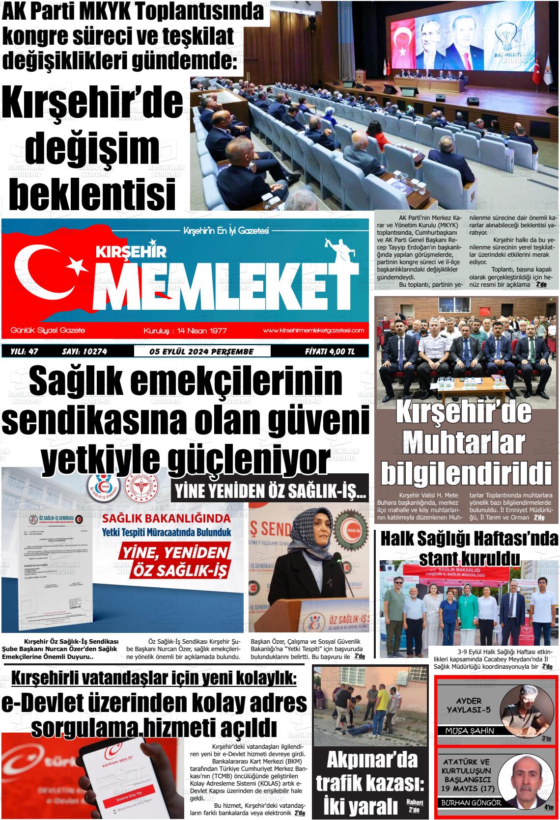 05 Eylül 2024 Kırşehir Memleket Gazete Manşeti