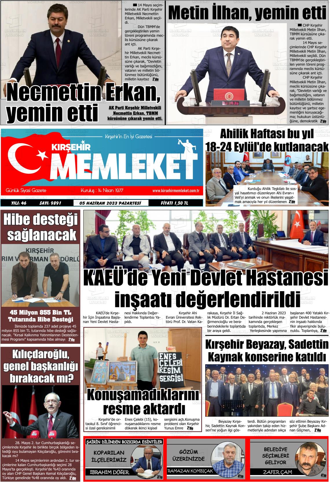 05 Haziran 2023 Kırşehir Memleket Gazete Manşeti