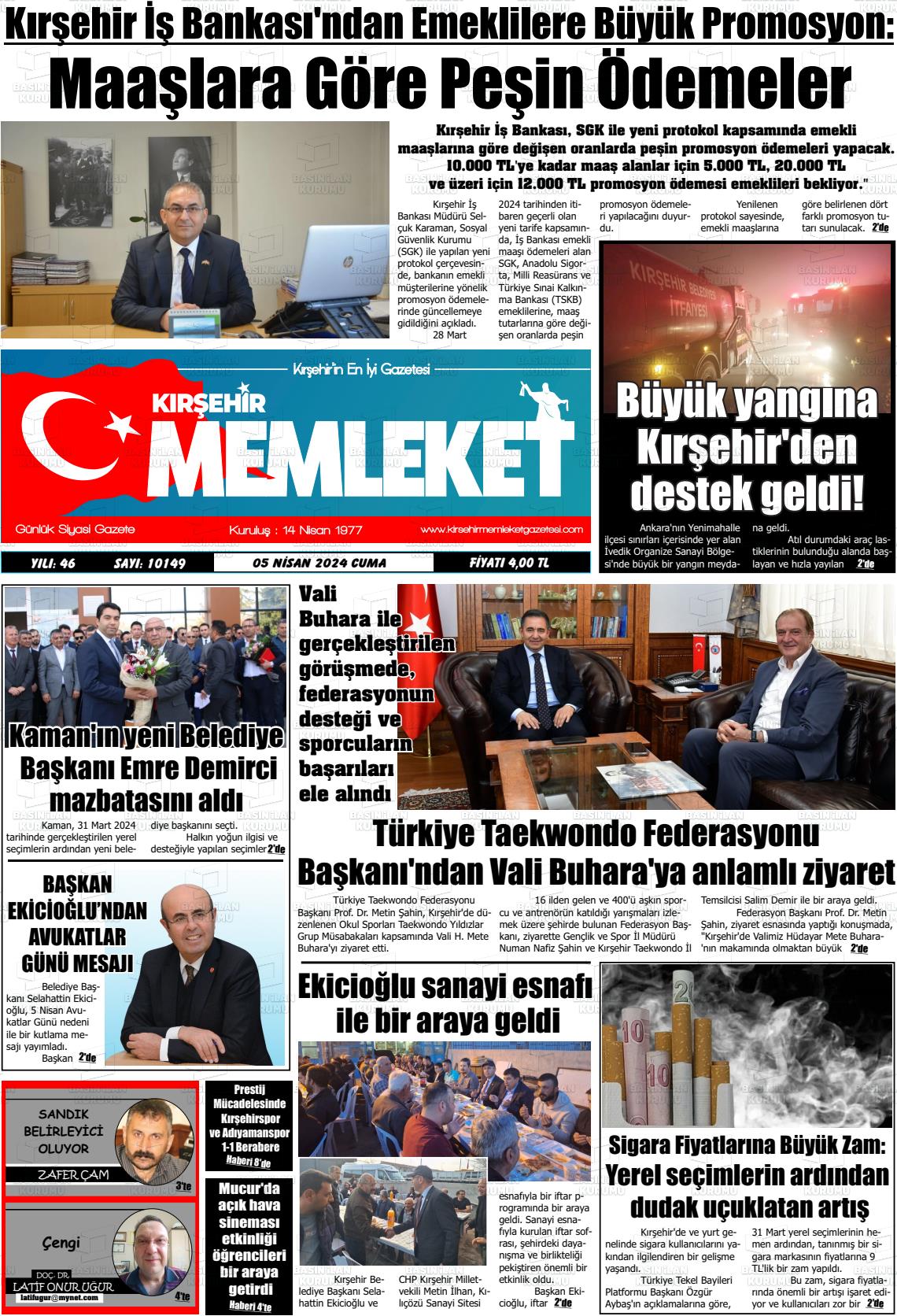 05 Nisan 2024 Kırşehir Memleket Gazete Manşeti