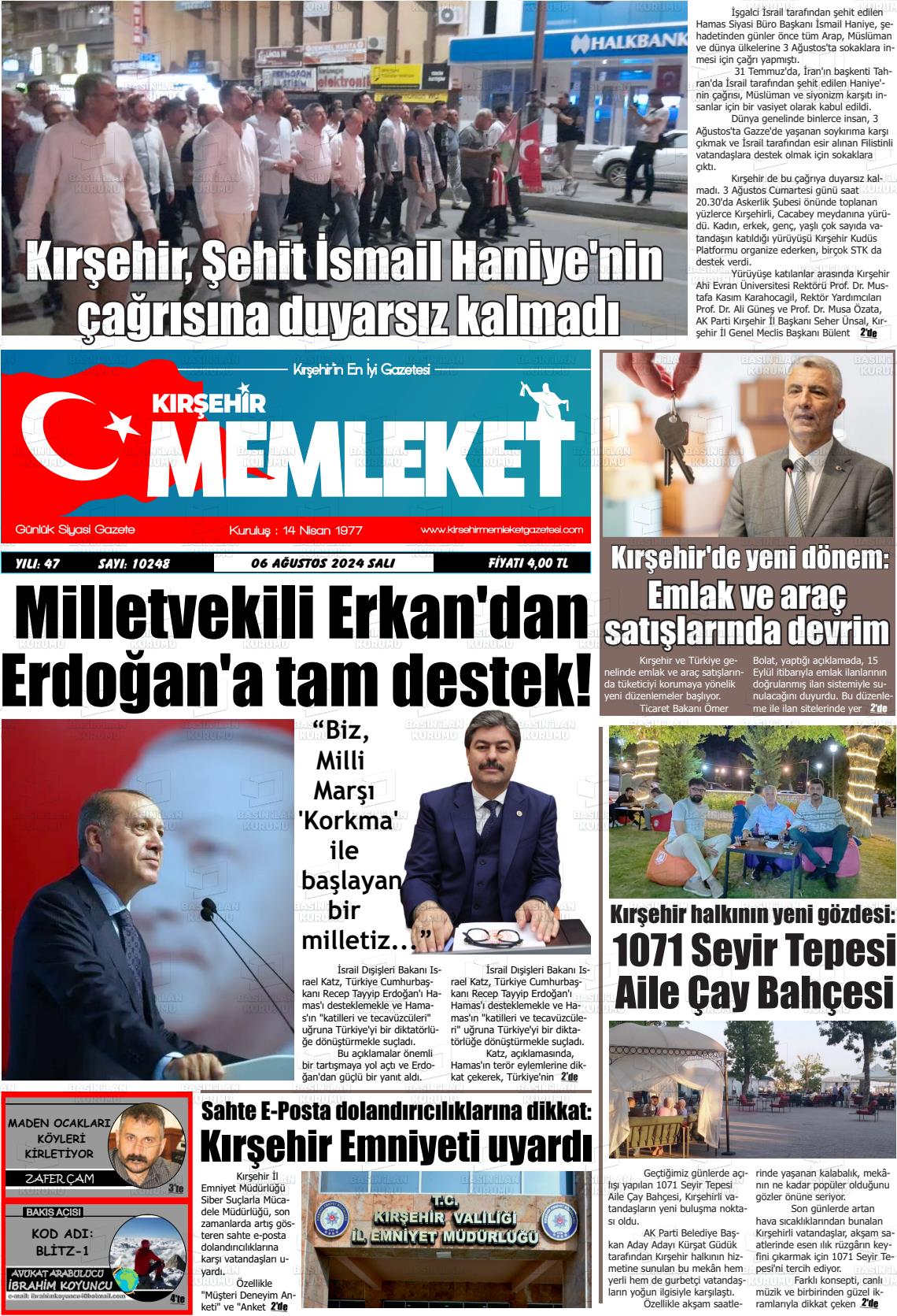 06 Ağustos 2024 Kırşehir Memleket Gazete Manşeti