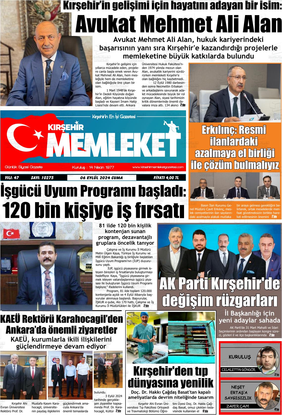 06 Eylül 2024 Kırşehir Memleket Gazete Manşeti