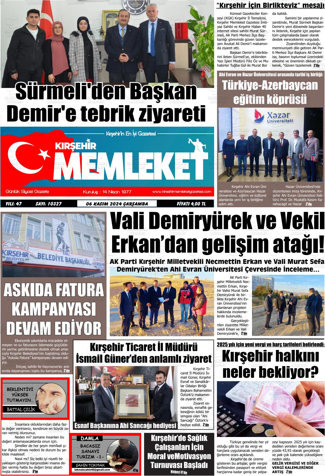 06 Kasım 2024 Kırşehir Memleket Gazete Manşeti