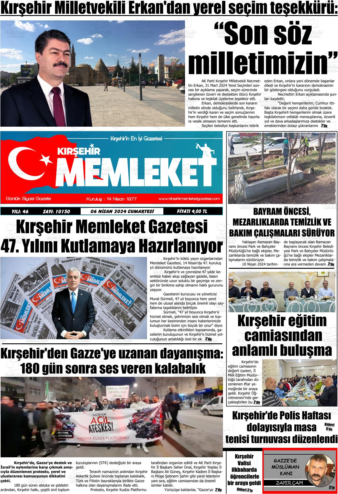 06 Nisan 2024 Kırşehir Memleket Gazete Manşeti