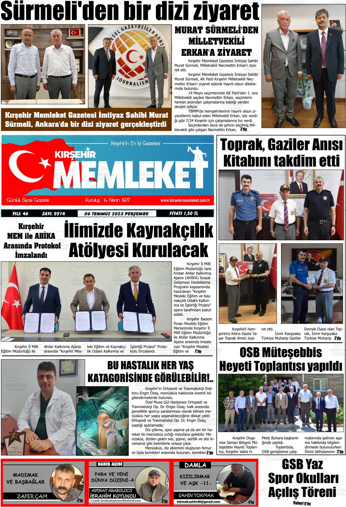 06 Temmuz 2023 Kırşehir Memleket Gazete Manşeti