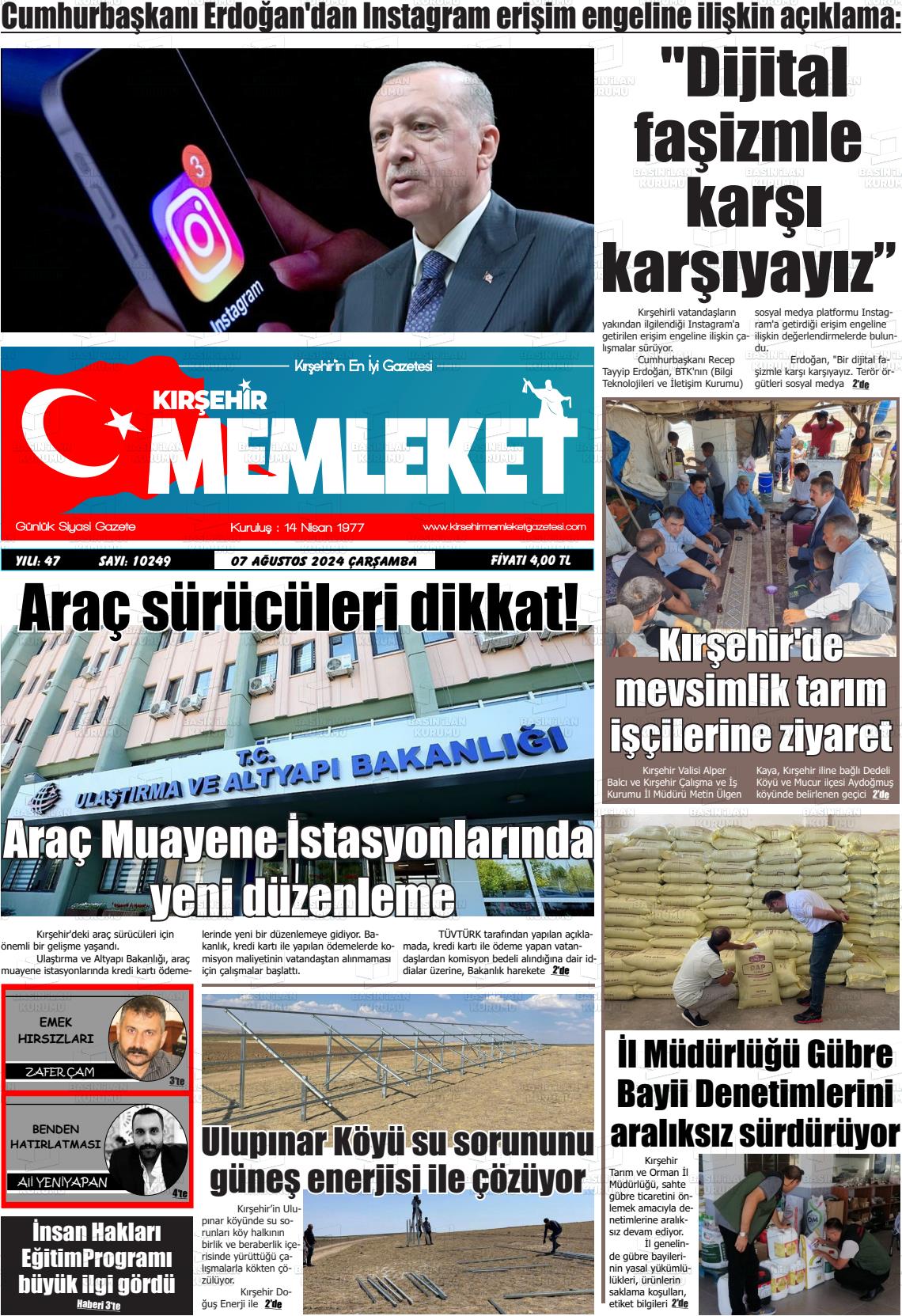 07 Ağustos 2024 Kırşehir Memleket Gazete Manşeti