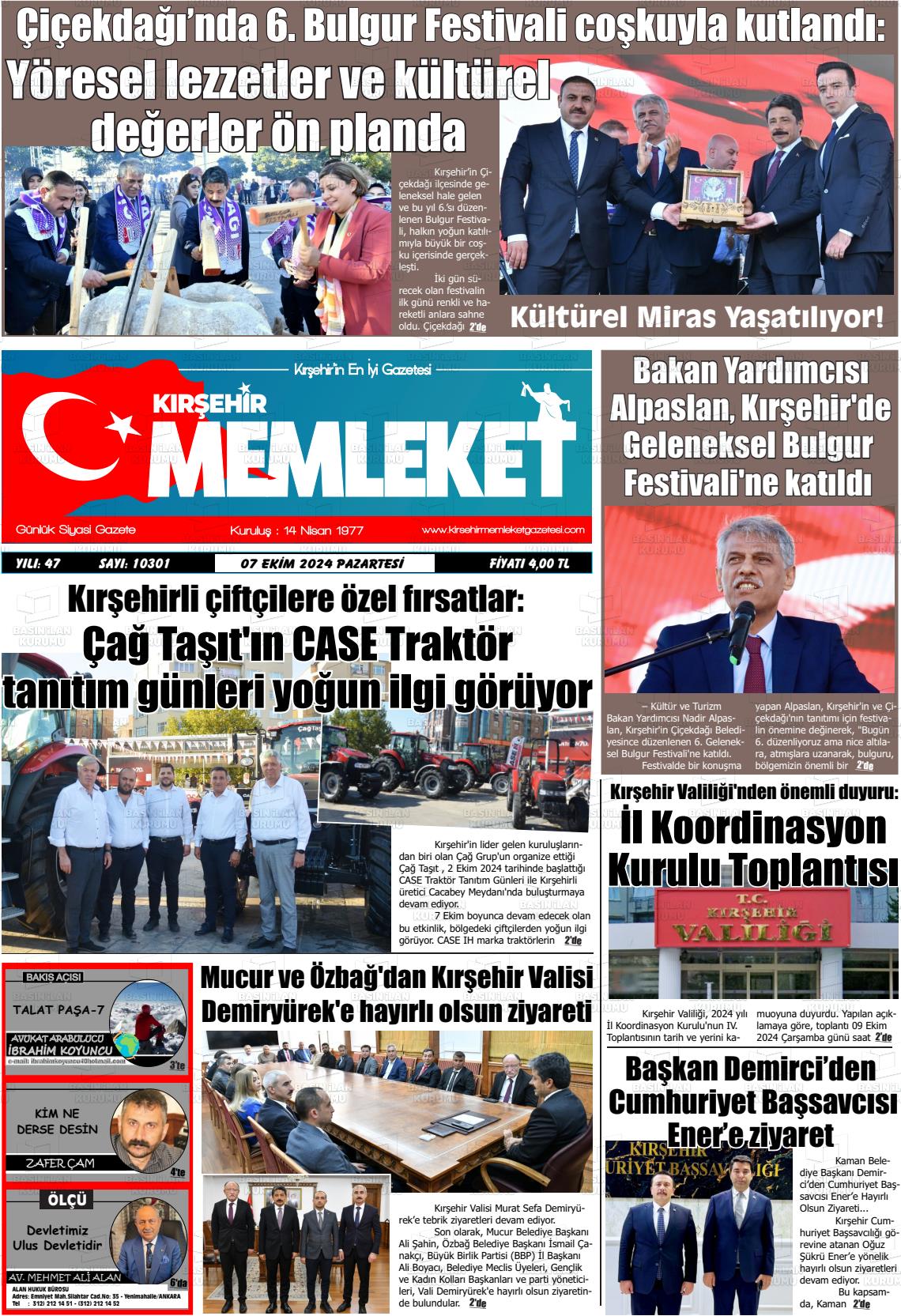 07 Ekim 2024 Kırşehir Memleket Gazete Manşeti