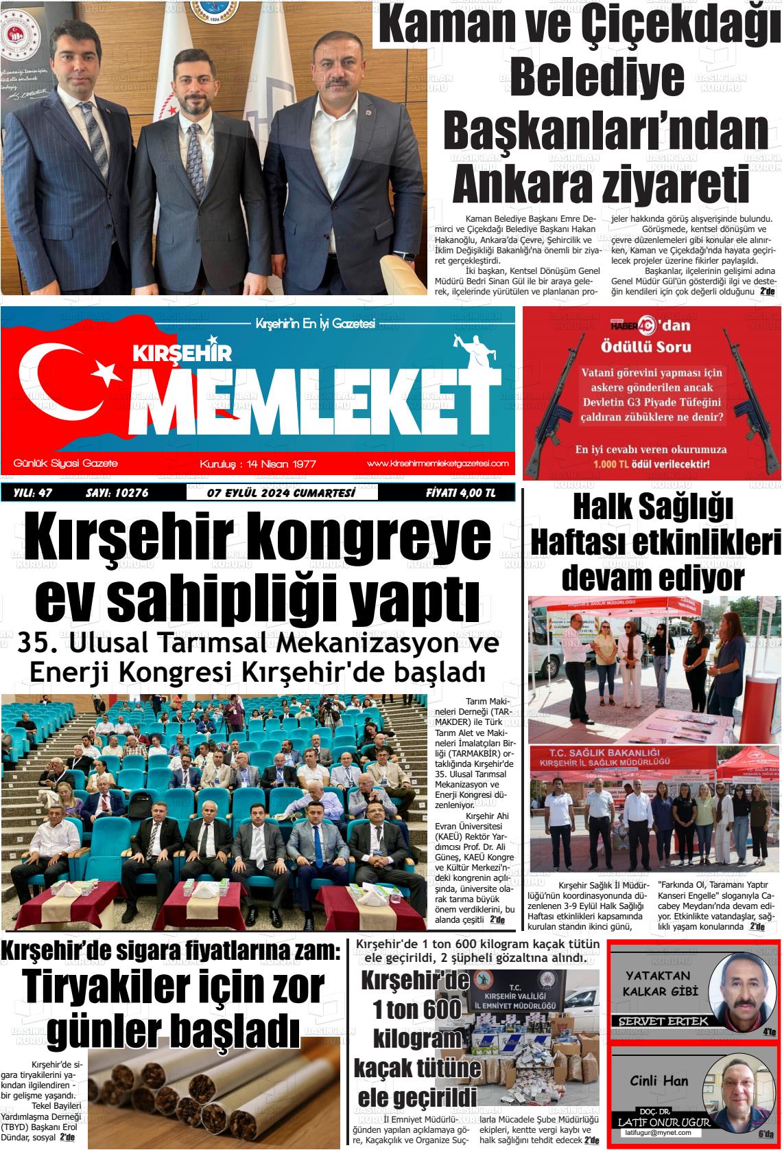 07 Eylül 2024 Kırşehir Memleket Gazete Manşeti