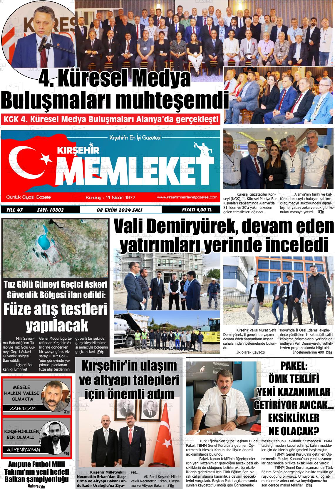 08 Ekim 2024 Kırşehir Memleket Gazete Manşeti