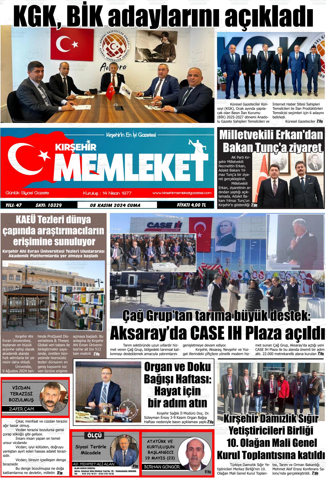 08 Kasım 2024 Kırşehir Memleket Gazete Manşeti