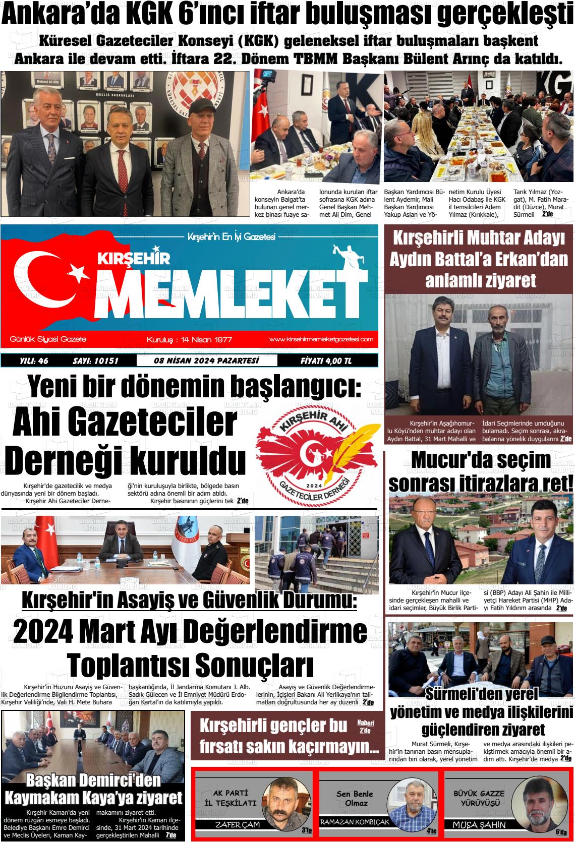 08 Nisan 2024 Kırşehir Memleket Gazete Manşeti