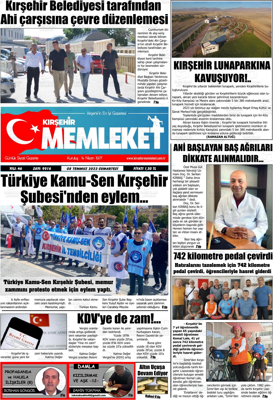 08 Temmuz 2023 Kırşehir Memleket Gazete Manşeti