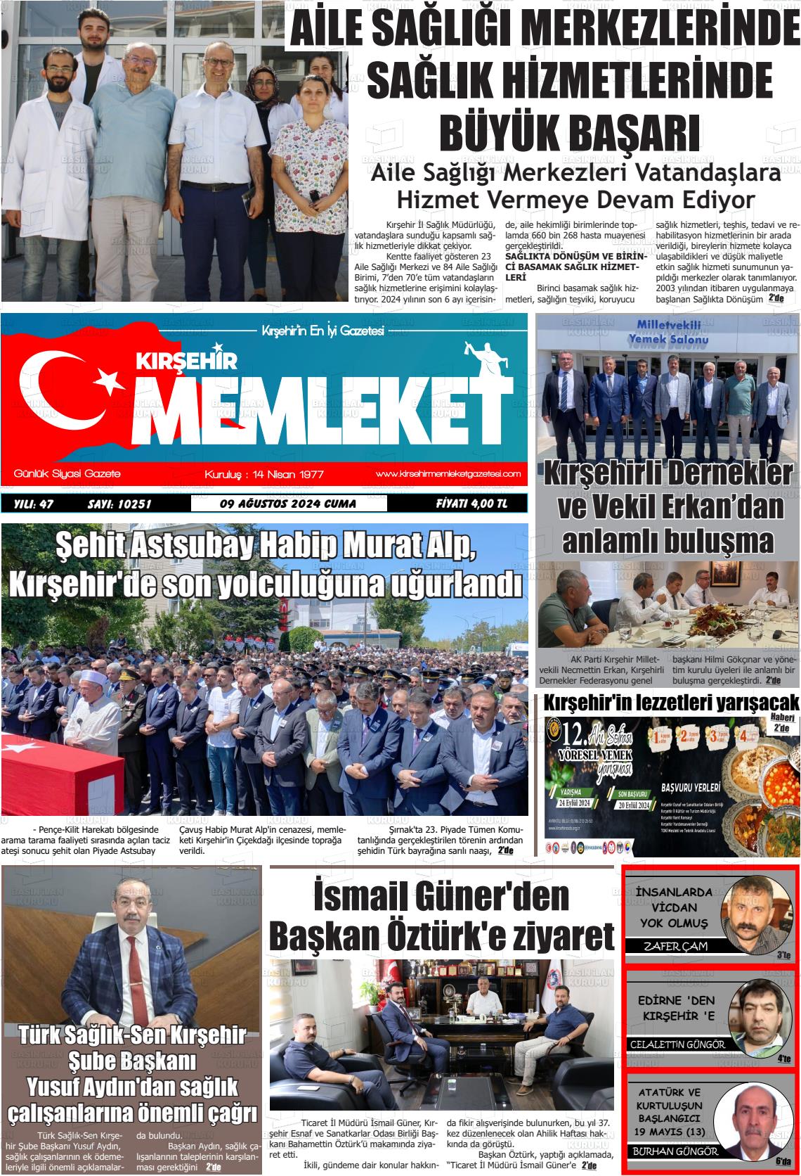 09 Ağustos 2024 Kırşehir Memleket Gazete Manşeti