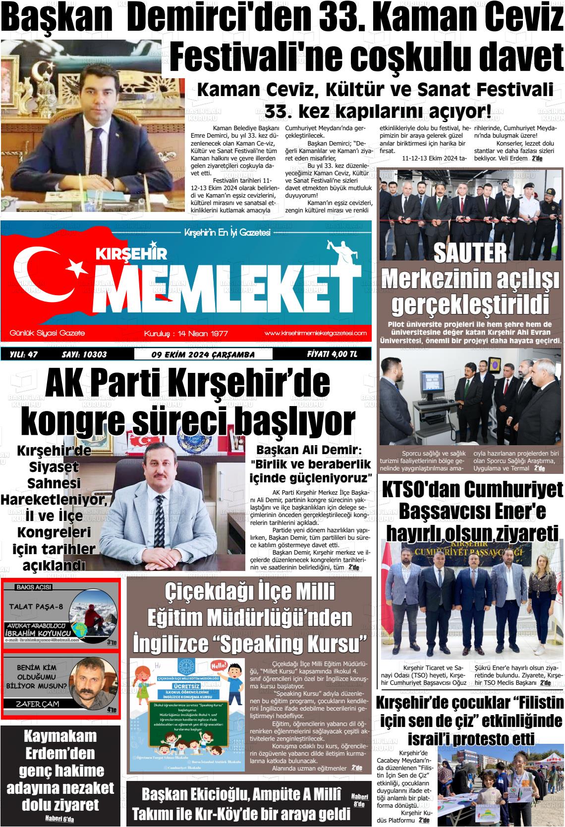 09 Ekim 2024 Kırşehir Memleket Gazete Manşeti