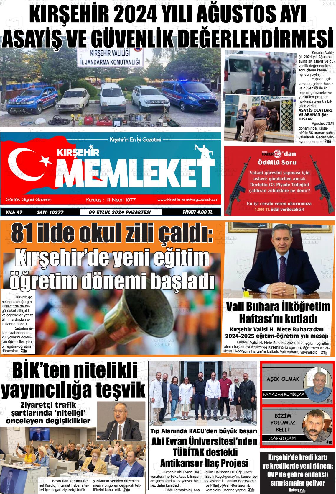 09 Eylül 2024 Kırşehir Memleket Gazete Manşeti