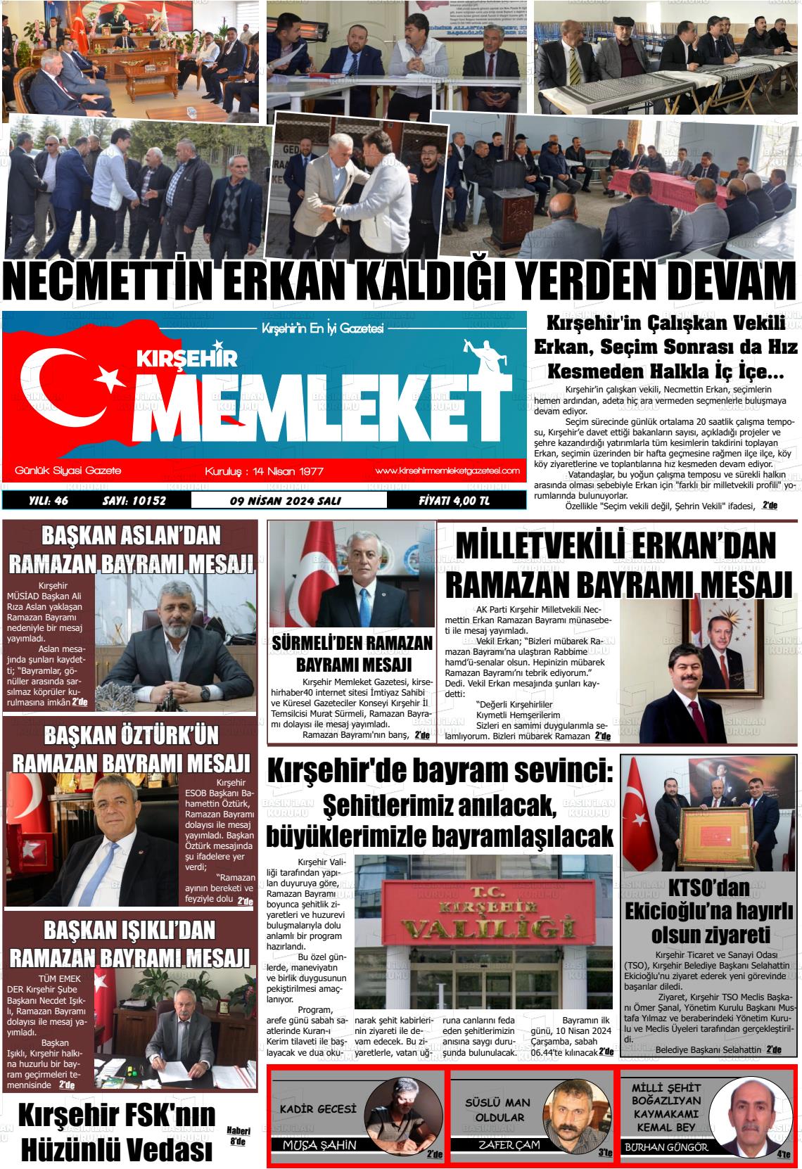 09 Nisan 2024 Kırşehir Memleket Gazete Manşeti