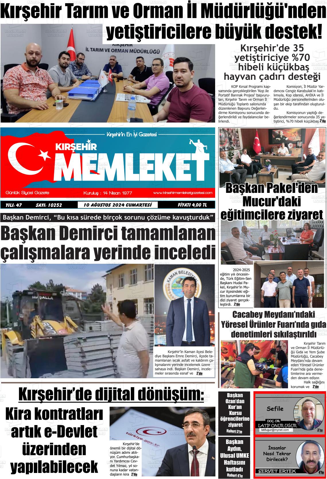 10 Ağustos 2024 Kırşehir Memleket Gazete Manşeti