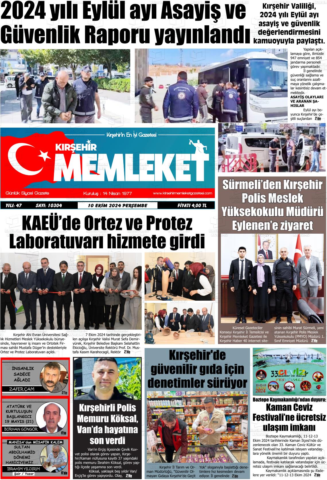 10 Ekim 2024 Kırşehir Memleket Gazete Manşeti