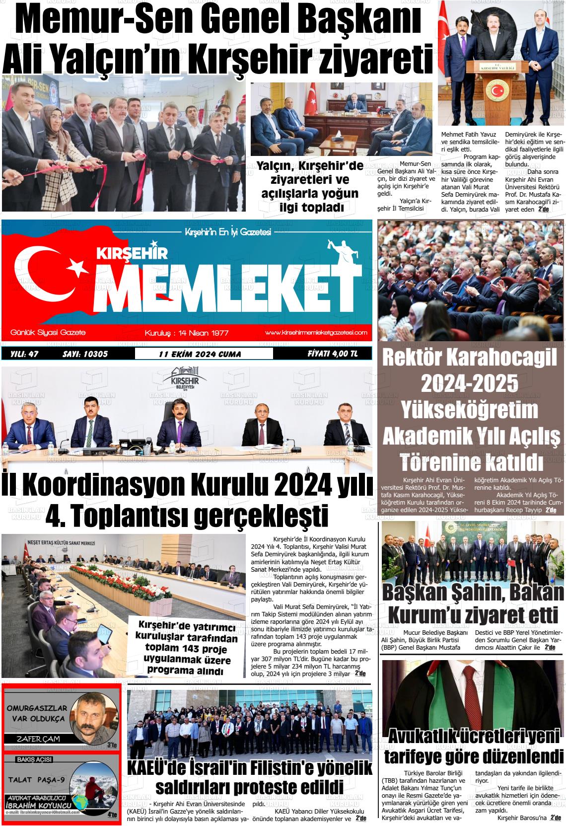 11 Ekim 2024 Kırşehir Memleket Gazete Manşeti