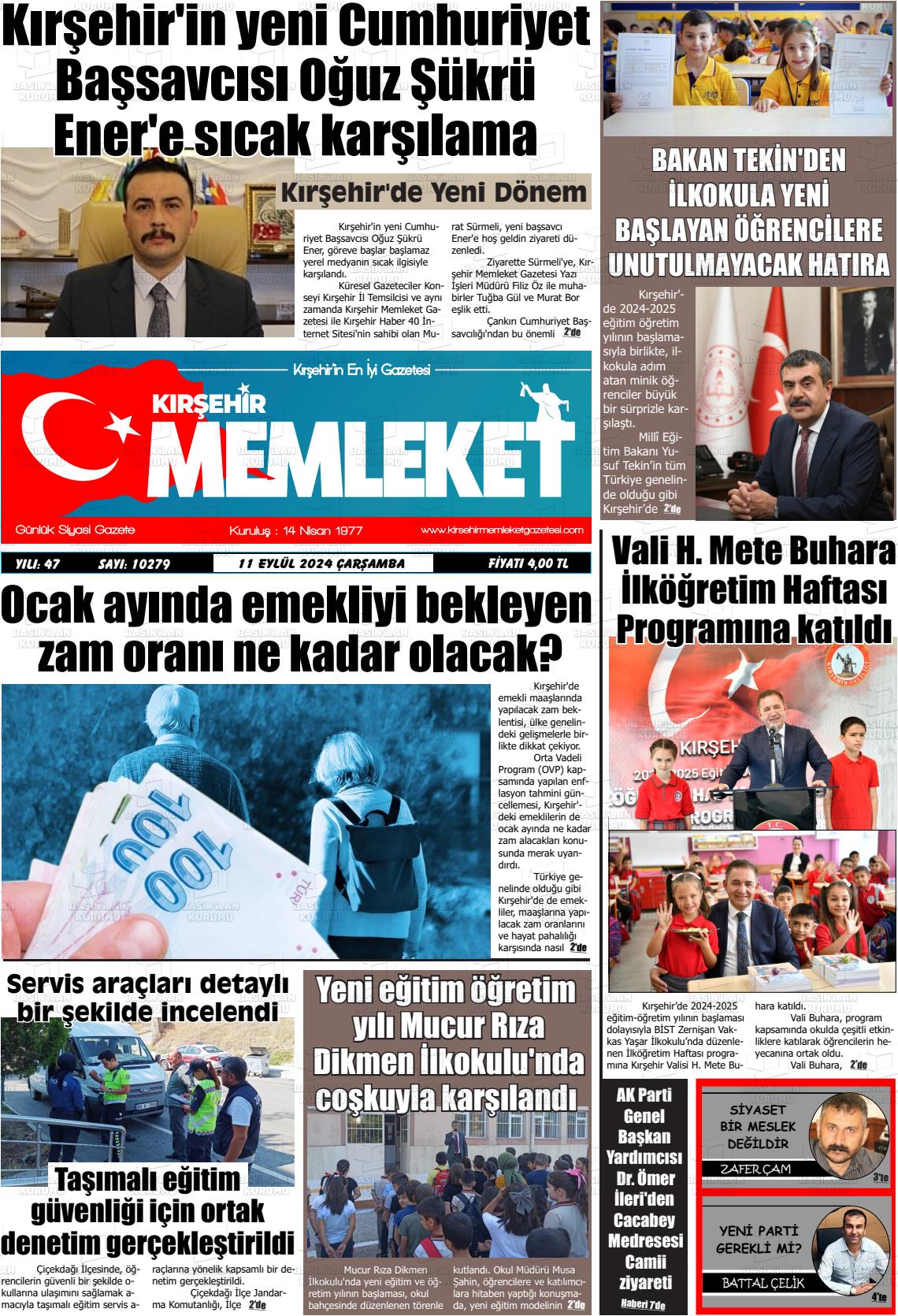 11 Eylül 2024 Kırşehir Memleket Gazete Manşeti