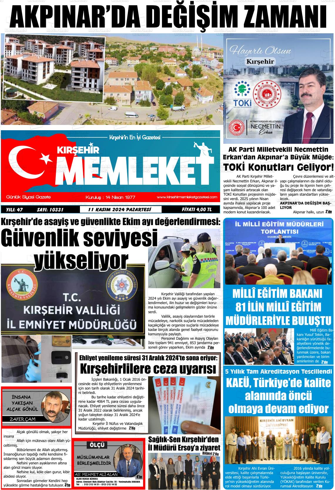 11 Kasım 2024 Kırşehir Memleket Gazete Manşeti