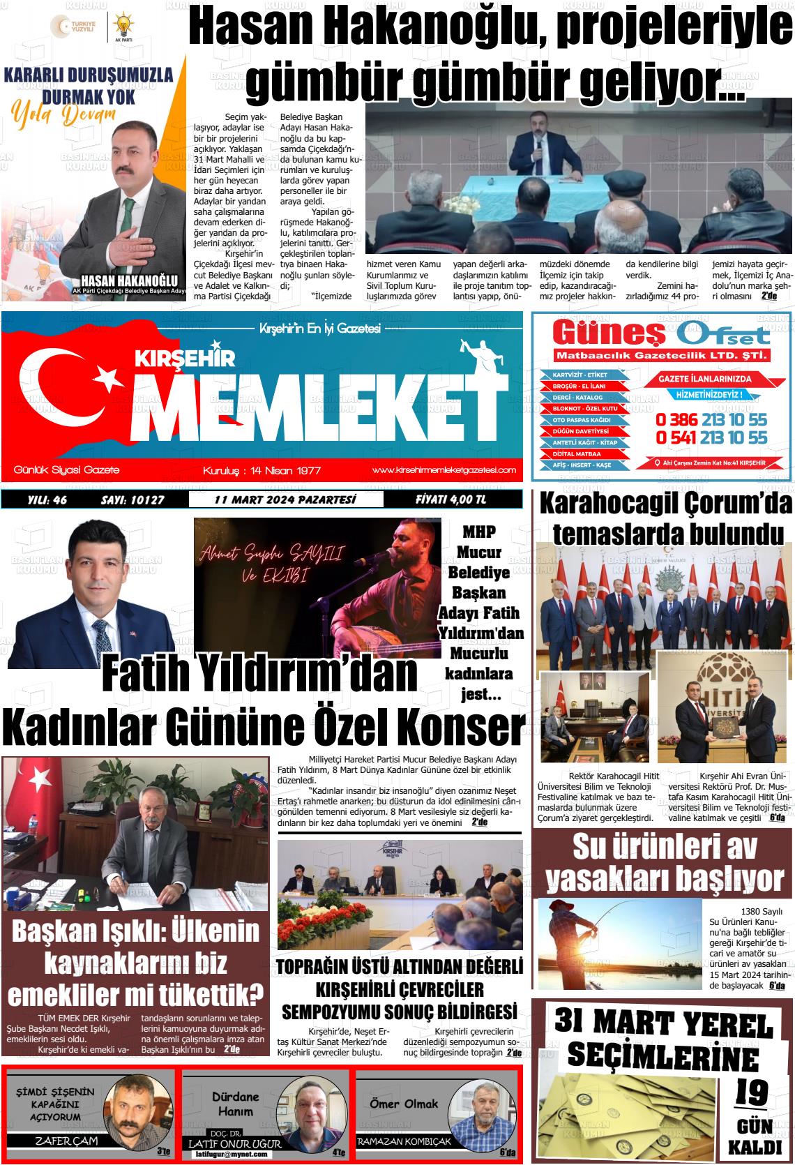 11 Mart 2024 Kırşehir Memleket Gazete Manşeti