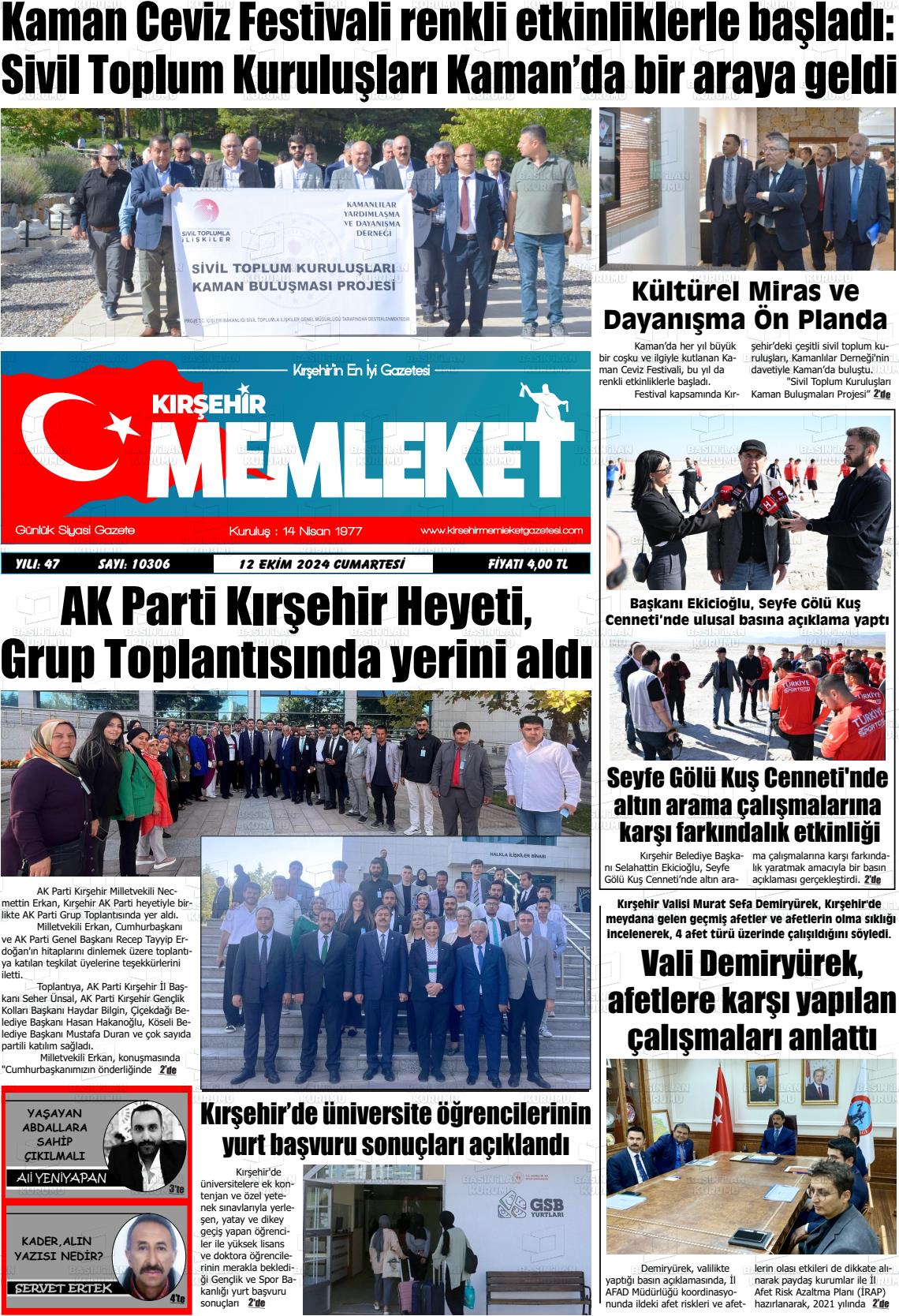 12 Ekim 2024 Kırşehir Memleket Gazete Manşeti