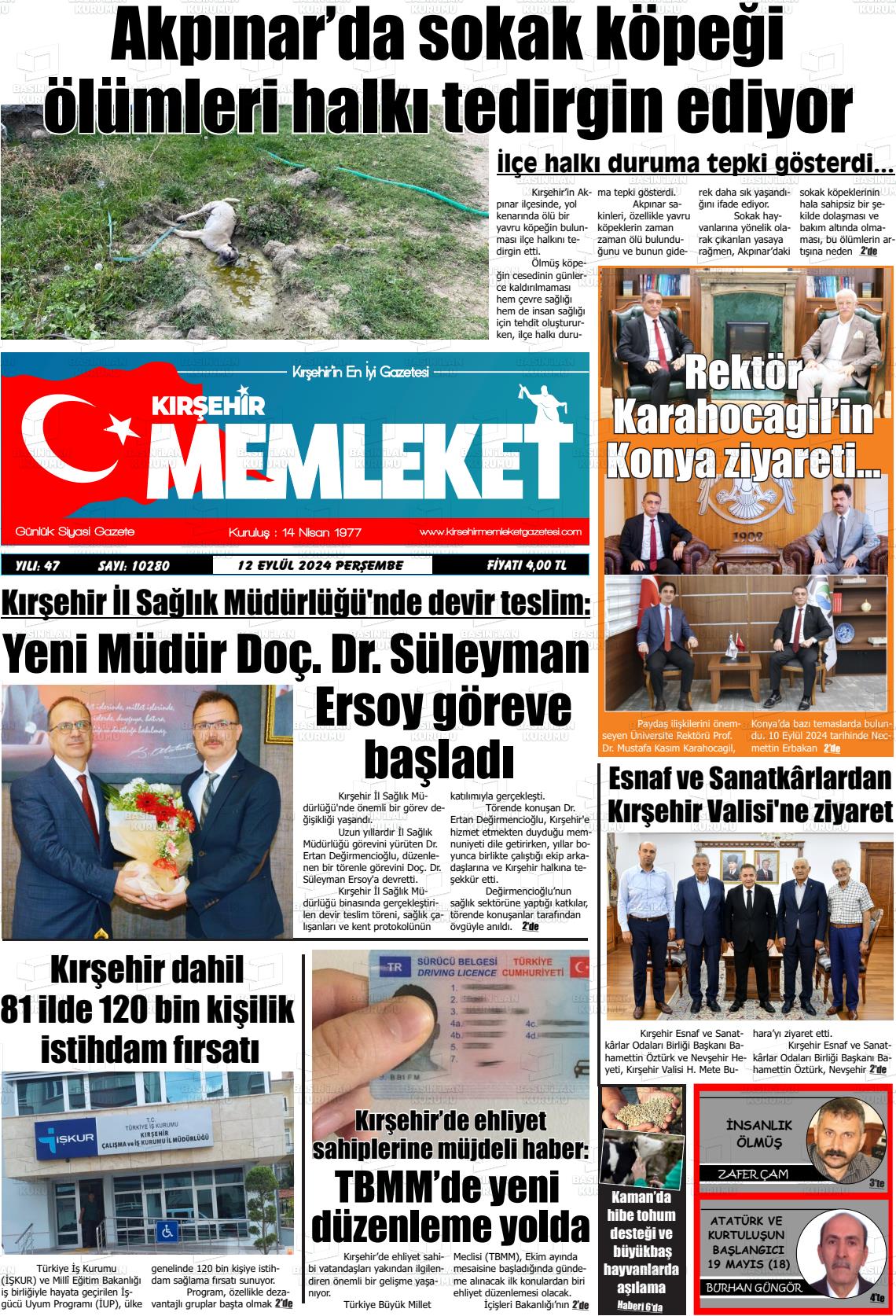 12 Eylül 2024 Kırşehir Memleket Gazete Manşeti