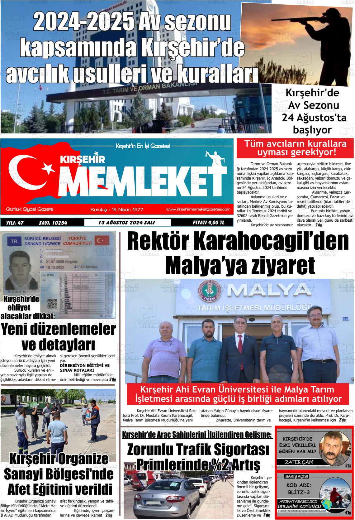 13 Ağustos 2024 Kırşehir Memleket Gazete Manşeti