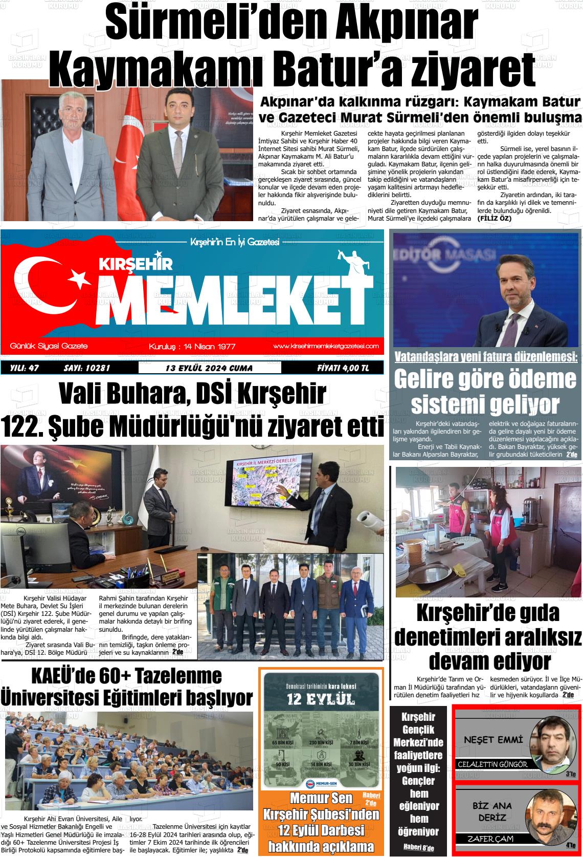 13 Eylül 2024 Kırşehir Memleket Gazete Manşeti