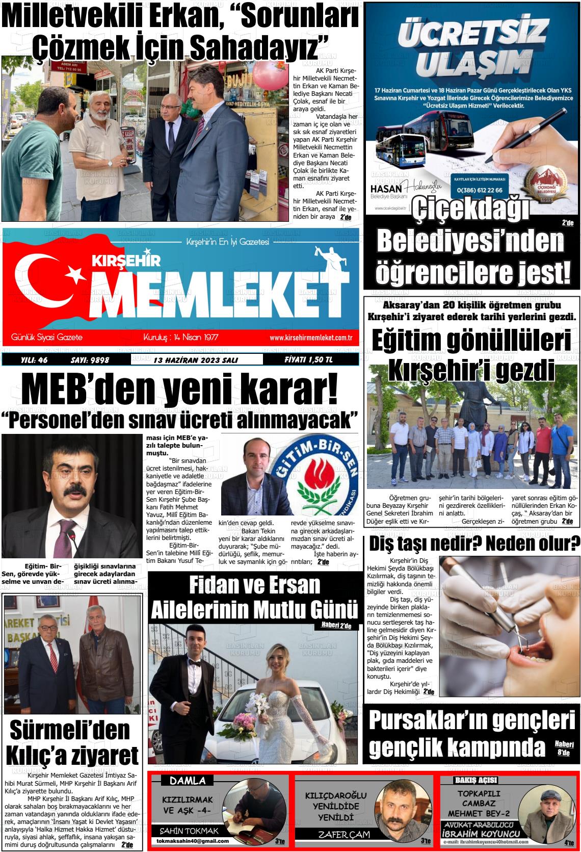 13 Haziran 2023 Kırşehir Memleket Gazete Manşeti