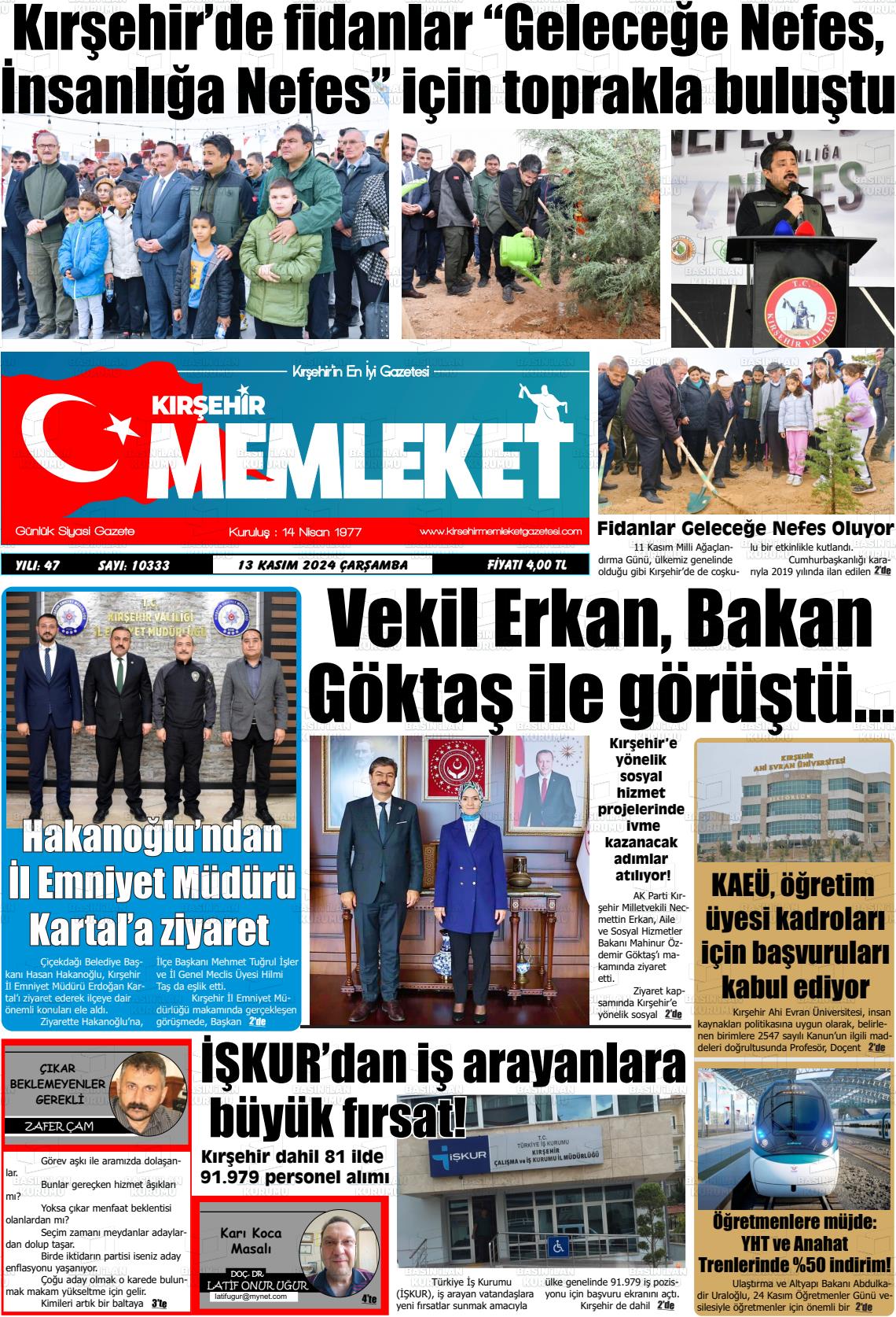 13 Kasım 2024 Kırşehir Memleket Gazete Manşeti