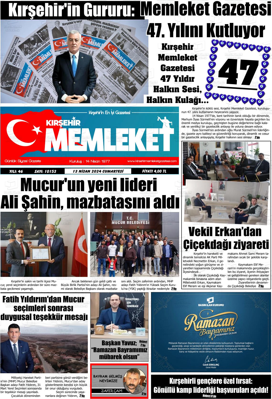 13 Nisan 2024 Kırşehir Memleket Gazete Manşeti