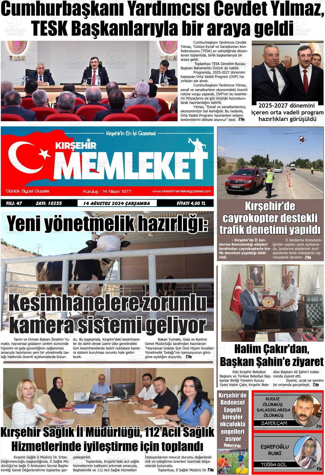 14 Ağustos 2024 Kırşehir Memleket Gazete Manşeti