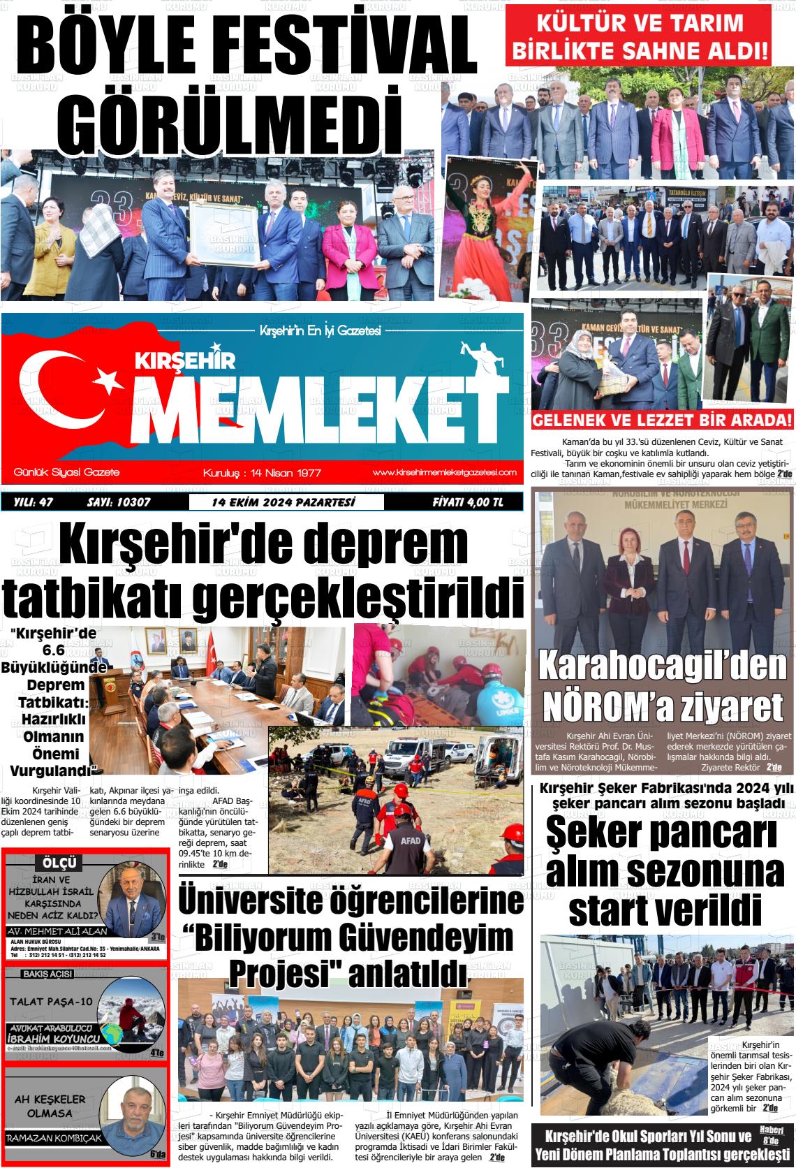 14 Ekim 2024 Kırşehir Memleket Gazete Manşeti