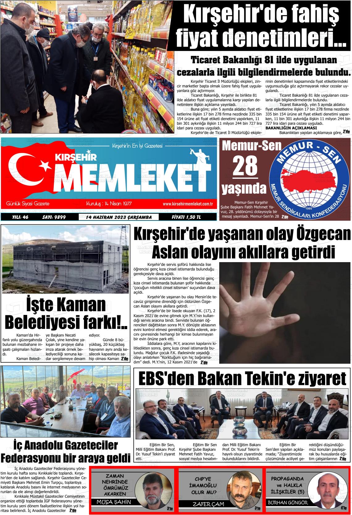 12 Ağustos 2023 Kırşehir Memleket Gazete Manşeti